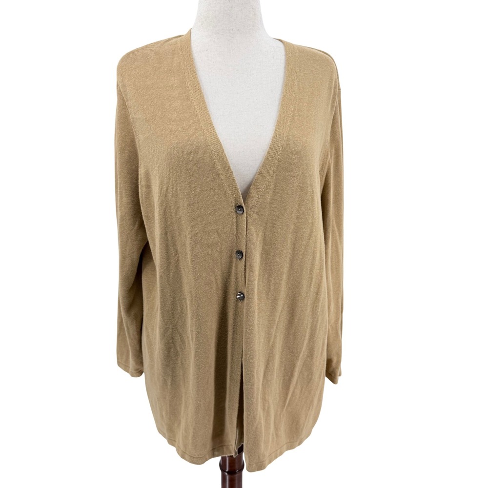 J. Jill 2X Tan Linen Rayon V-Neck Button‎ Front Cardigan Sweater Back Detail